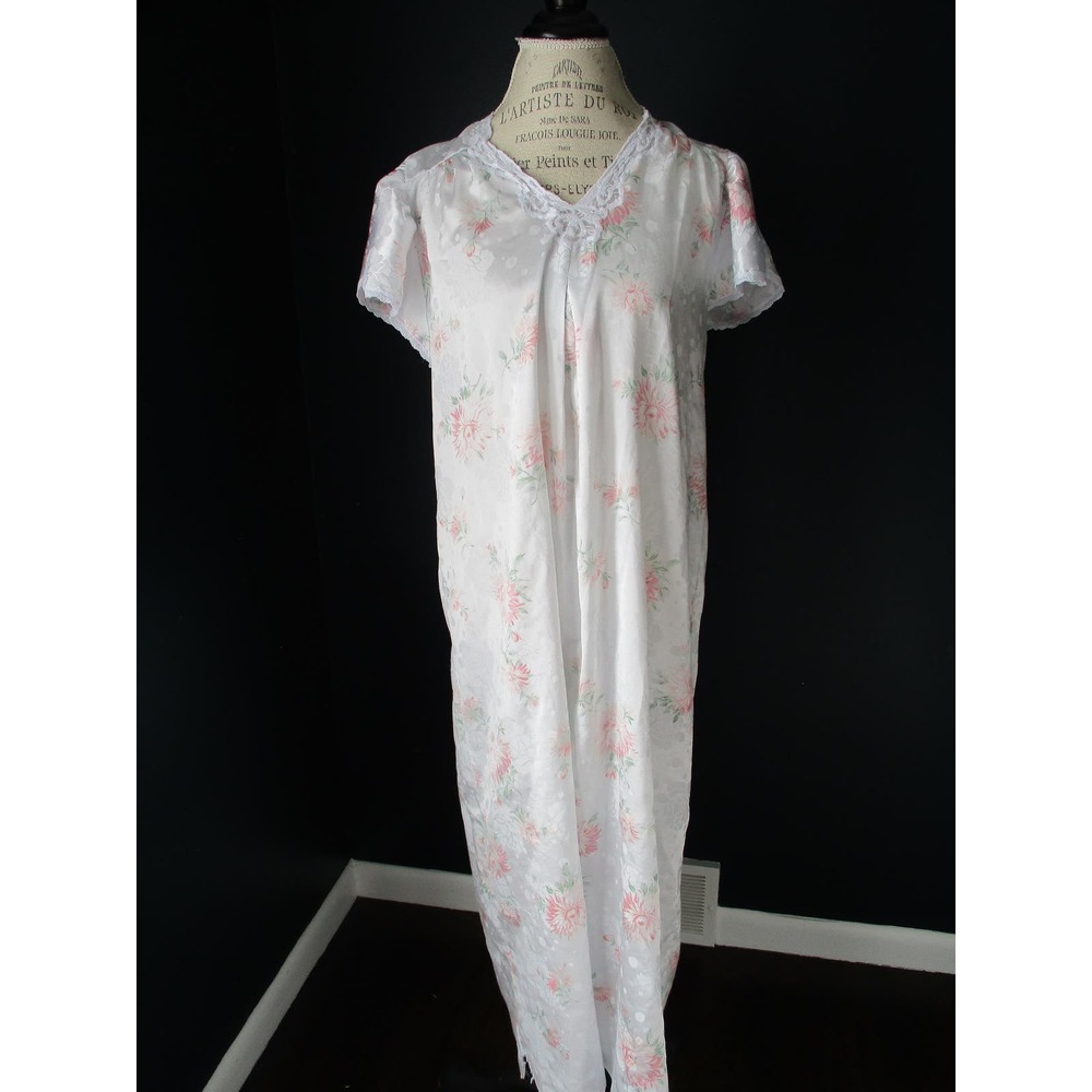 Vintage Eve Stillman White Floral Full Length Night Gown Size Small